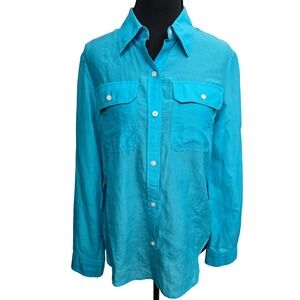 Lauren Ralph Lauren PM Casual Preppy Turquoise Silk Cotton Blend Button Up Women